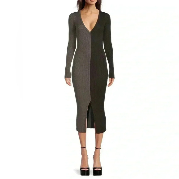 Monrow V-Neck Colorblock Ribbed Midi Dress Size Small - Picture 1 of 10